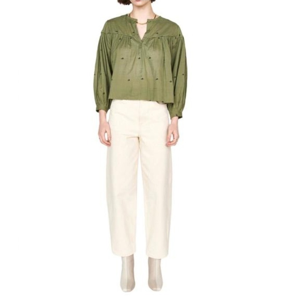 Mirth Oslo Blouse Women's L Olive Green Jamdani Cotton Balloon Sleeve Top